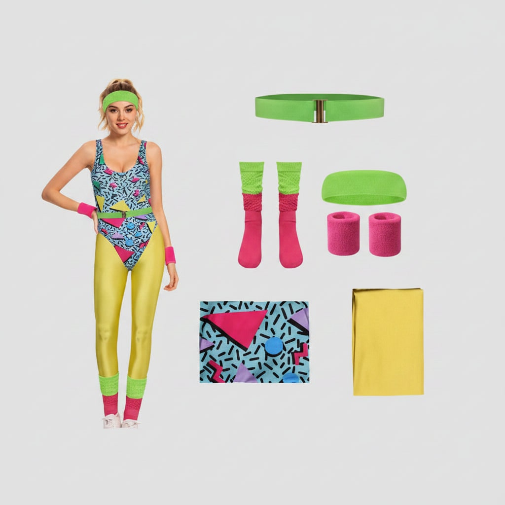 Thermabuild | Halloween 80s Costume Party Outfit Workout Aerobics Leotard with Leg Warmers Headband and Wristbands