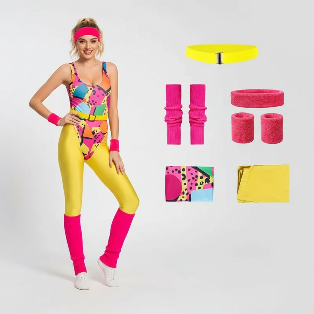 Thermabuild | Halloween 80s Costume Party Outfit Workout Aerobics Leotard with Leg Warmers Headband and Wristbands