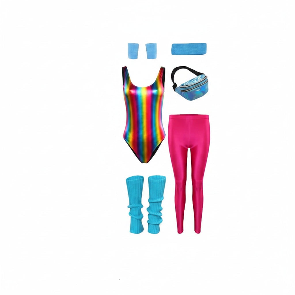 Thermabuild | Halloween 80s Costume Party Outfit Workout Aerobics Leotard with Leg Warmers Headband and Wristbands