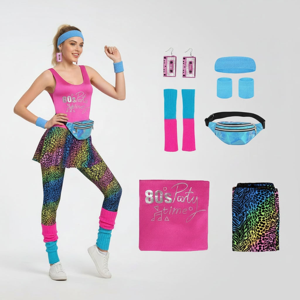 Thermabuild | Halloween 80s Costume Party Outfit Workout Aerobics Leotard with Leg Warmers Headband and Wristbands