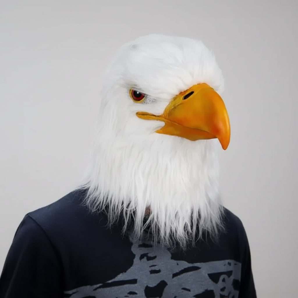 Thermabuild | Halloween Animal Head Mask with Bald Eagle Design White Faux Fur and Yellow Beak for Party Costume