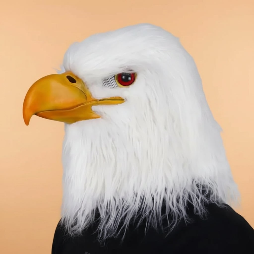 Thermabuild | Halloween Animal Head Mask with Bald Eagle Design White Faux Fur and Yellow Beak for Party Costume