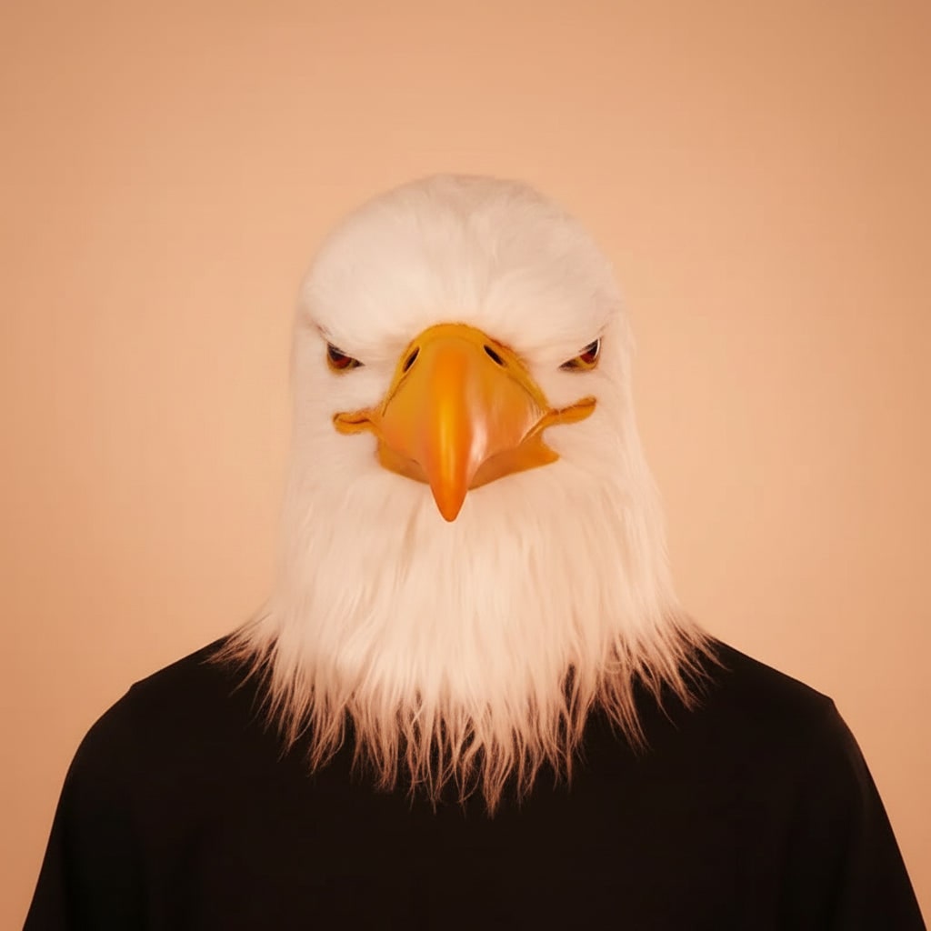 Thermabuild | Halloween Animal Head Mask with Bald Eagle Design White Faux Fur and Yellow Beak for Party Costume