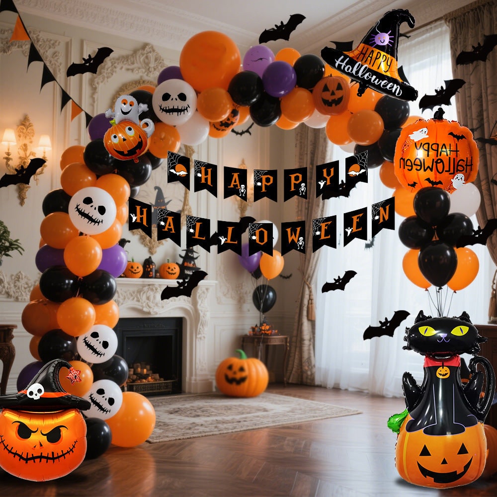 Thermabuild | Halloween Balloon Arch Kit with Foil Banner and Tape Decoration for Party Reusable