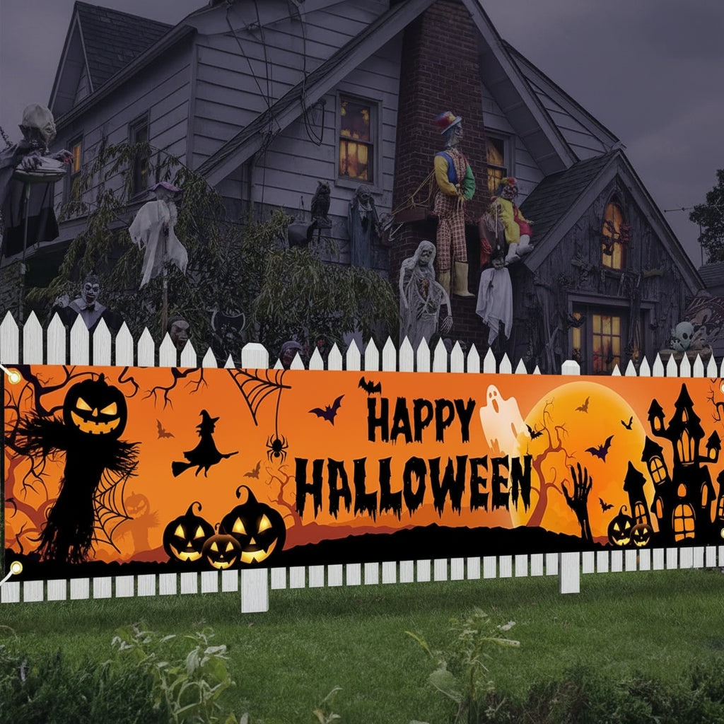 Thermabuild | Halloween Banner Large Outdoor Decoration with Pumpkins Witch and Bats for Yard