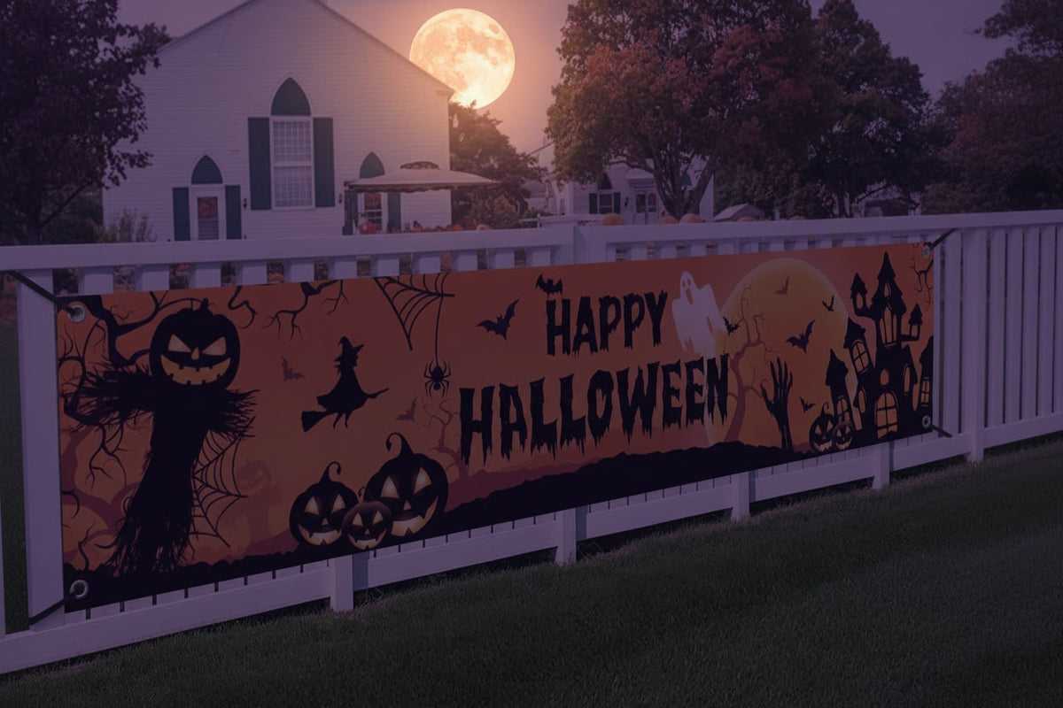 Thermabuild | Halloween Banner Large Outdoor Decoration with Pumpkins Witch and Bats for Yard
