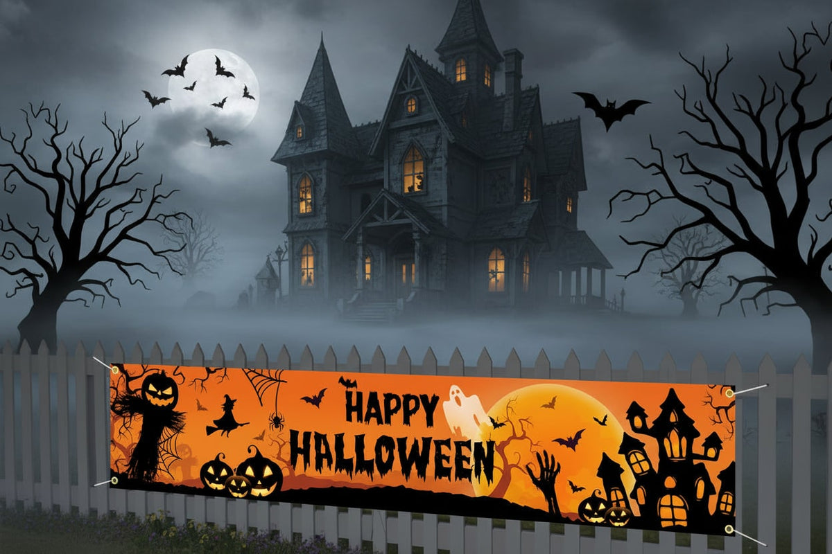 Thermabuild | Halloween Banner Large Outdoor Decoration with Pumpkins Witch and Bats for Yard