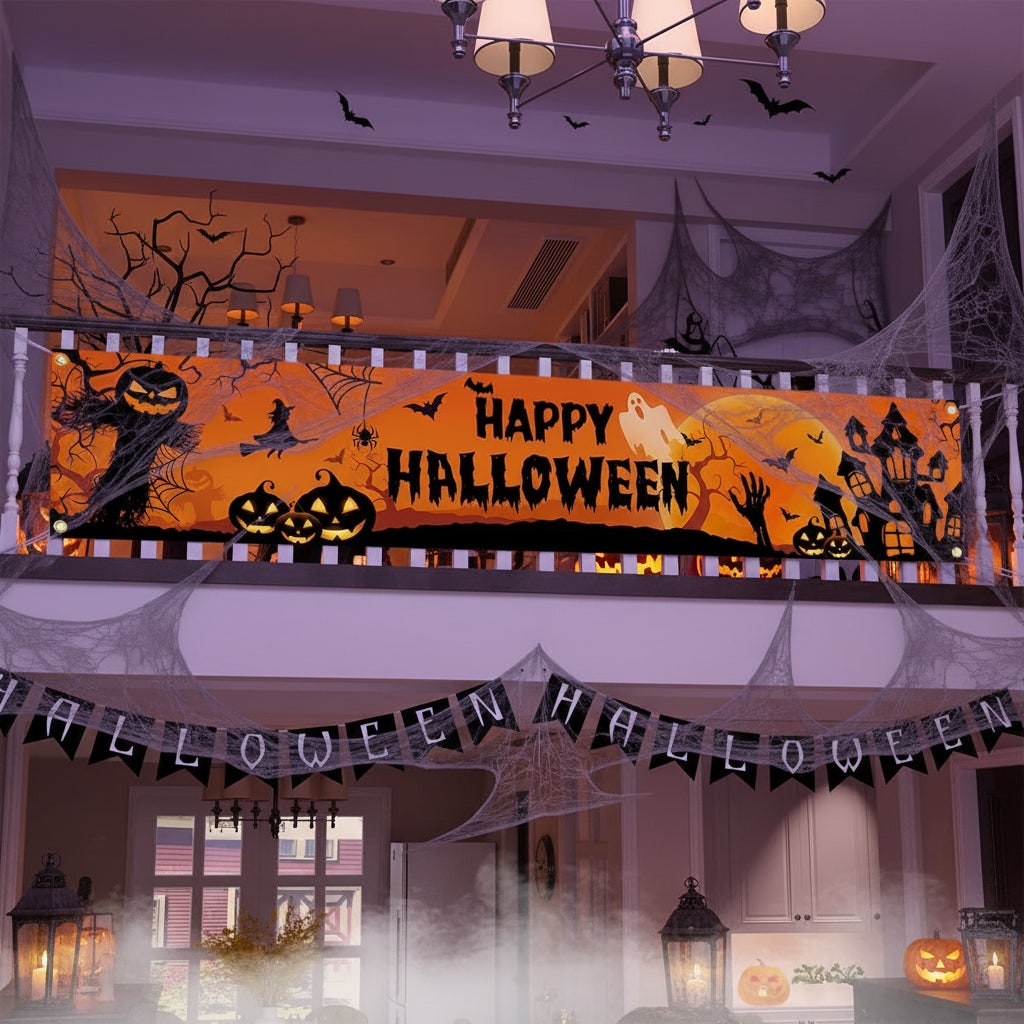 Thermabuild | Halloween Banner Large Outdoor Decoration with Pumpkins Witch and Bats for Yard