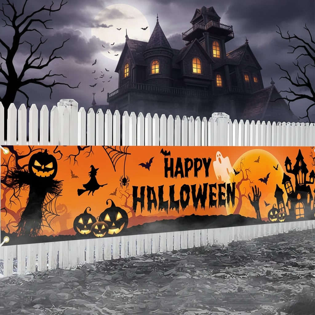 Thermabuild | Halloween Banner Large Outdoor Decoration with Pumpkins Witch and Bats for Yard