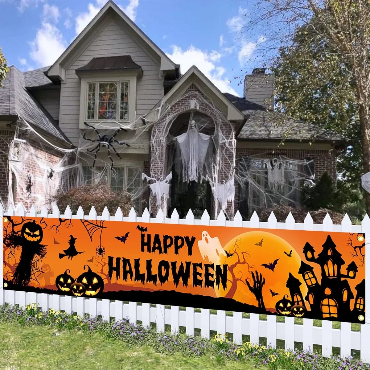 Thermabuild | Halloween Banner with Jack O Lantern Pumpkin Witch Scarecrow Outdoor Yard Decoration