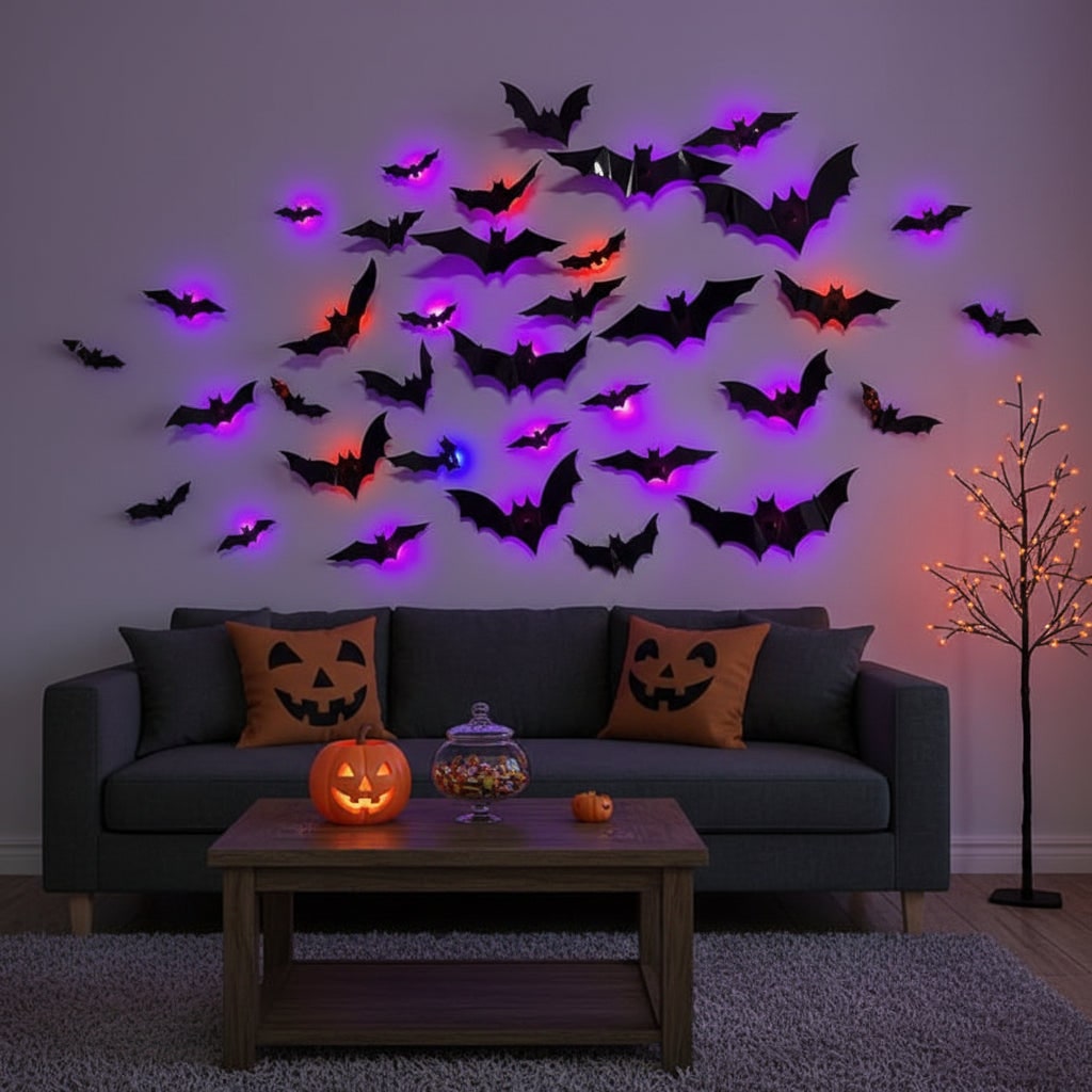 Thermabuild | Halloween Bat Wall Decals with LED Lights Peel and Stick Decorative for Indoor Outdoor Decoration