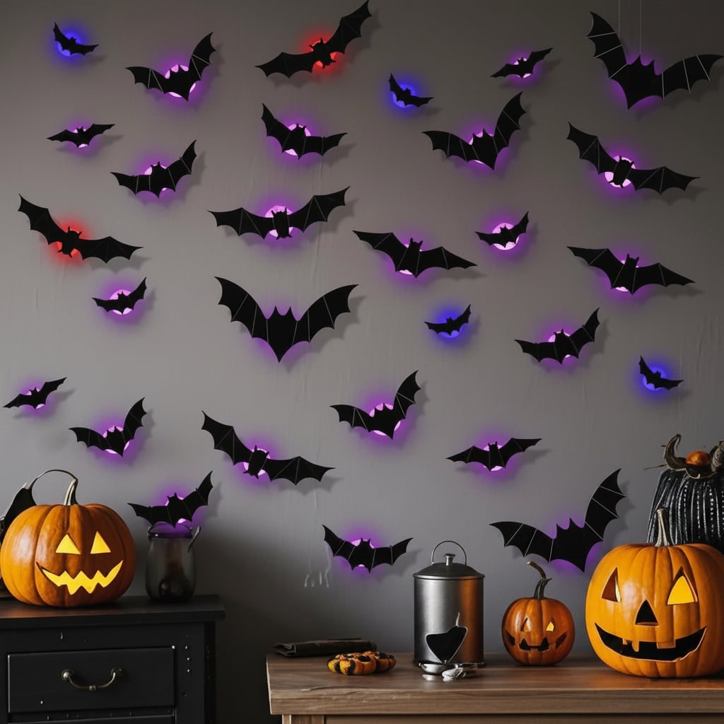 Thermabuild | Halloween Bat Wall Decals with LED Lights Peel and Stick Decorative for Indoor Outdoor Decoration