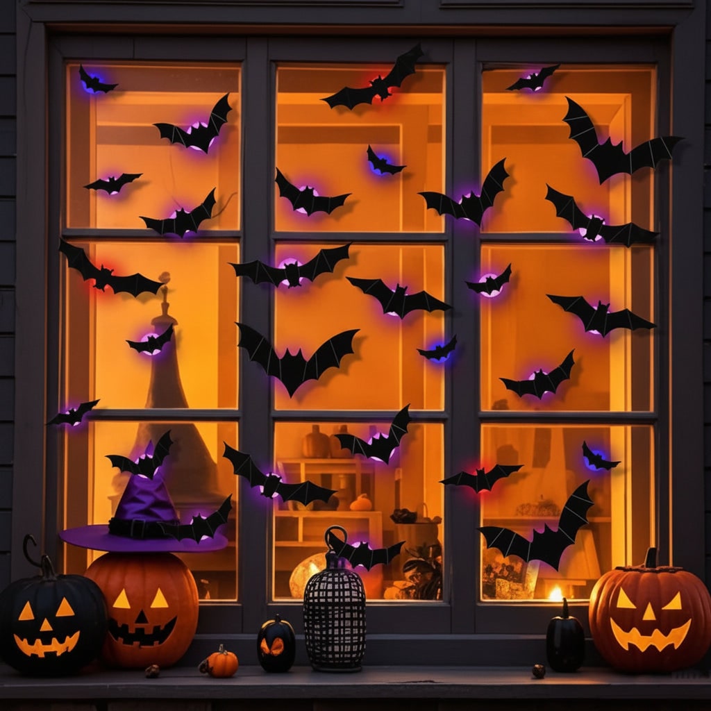 Thermabuild | Halloween Bat Wall Decals with LED Lights Peel and Stick Decorative for Indoor Outdoor Decoration