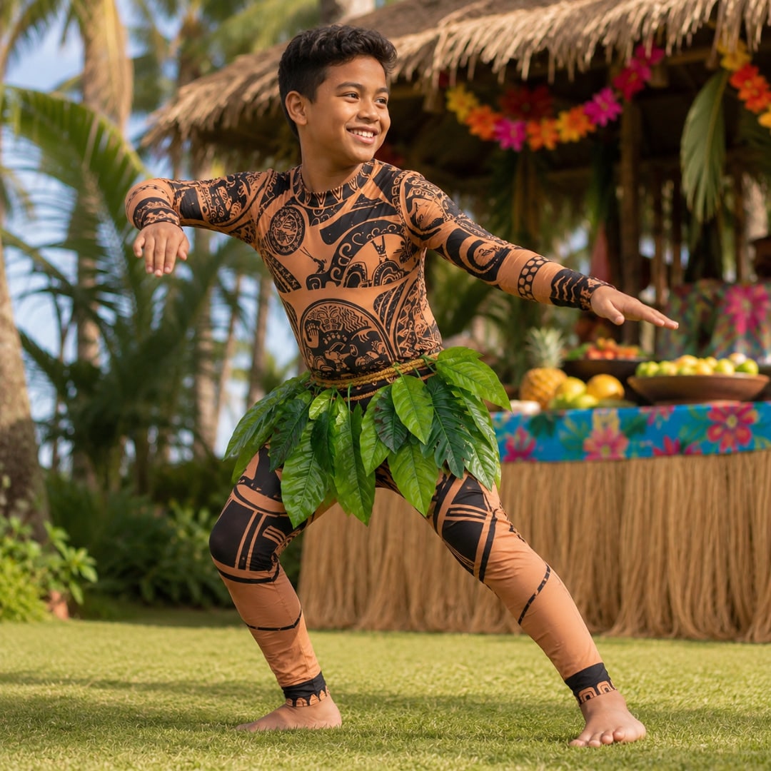 Thermabuild | Halloween Bodysuit Costume with Tattoo Print and Faux Leaf Skirt Maui