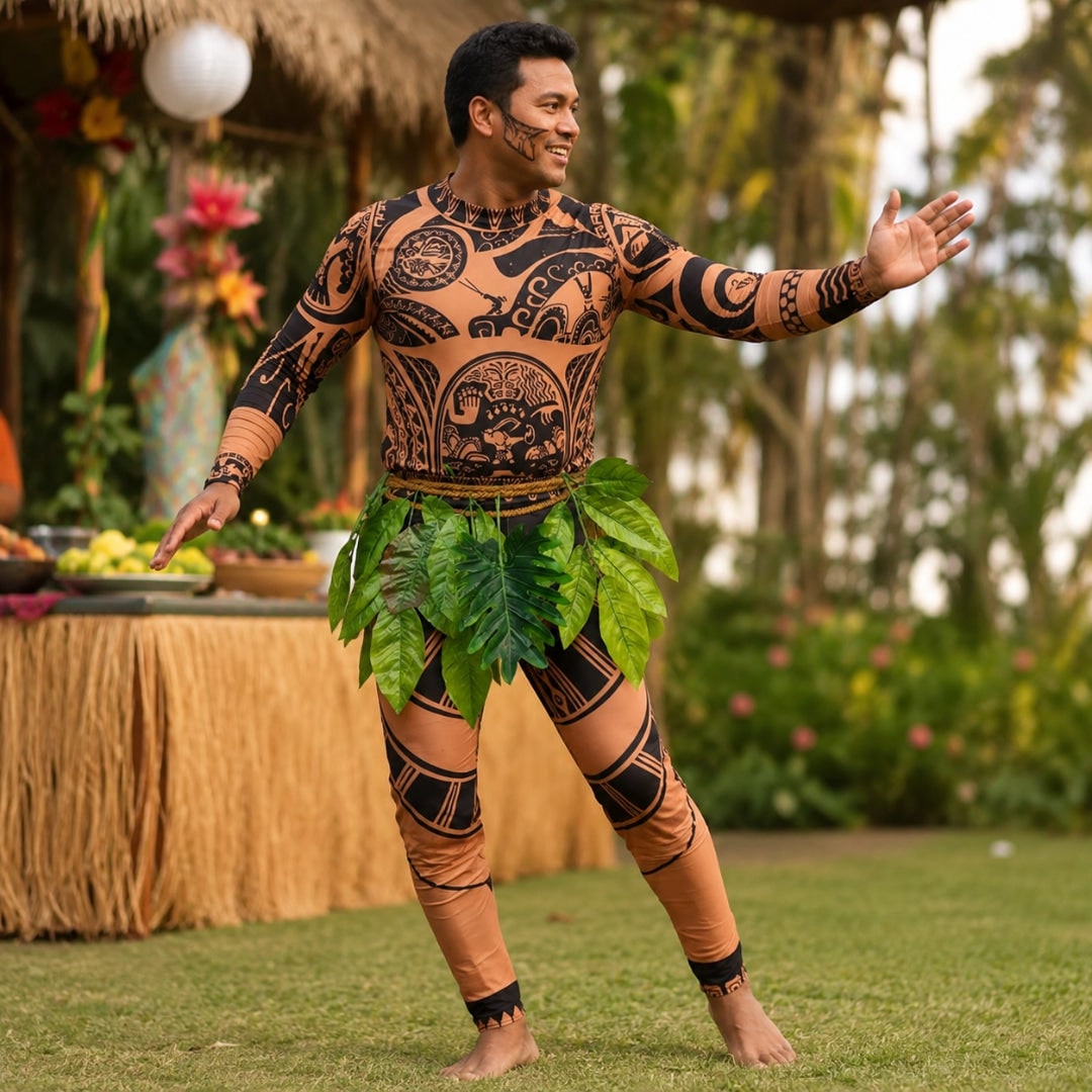 Thermabuild | Halloween Bodysuit Costume with Tattoo Print and Faux Leaf Skirt Maui