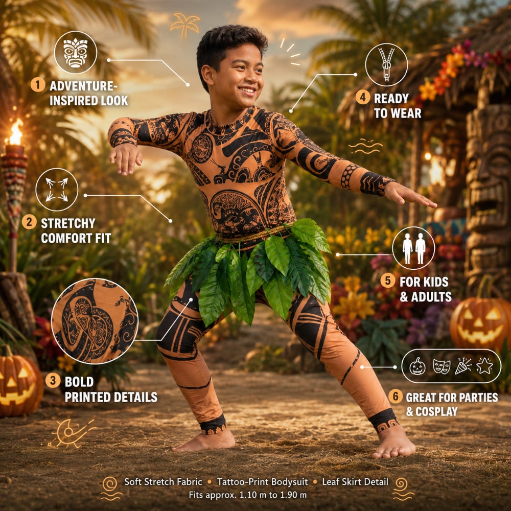 Thermabuild | Halloween Bodysuit Costume with Tattoo Print and Faux Leaf Skirt Maui