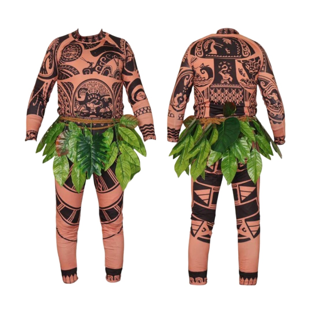 Thermabuild | Halloween Bodysuit Costume with Tattoo Print and Faux Leaf Skirt Maui
