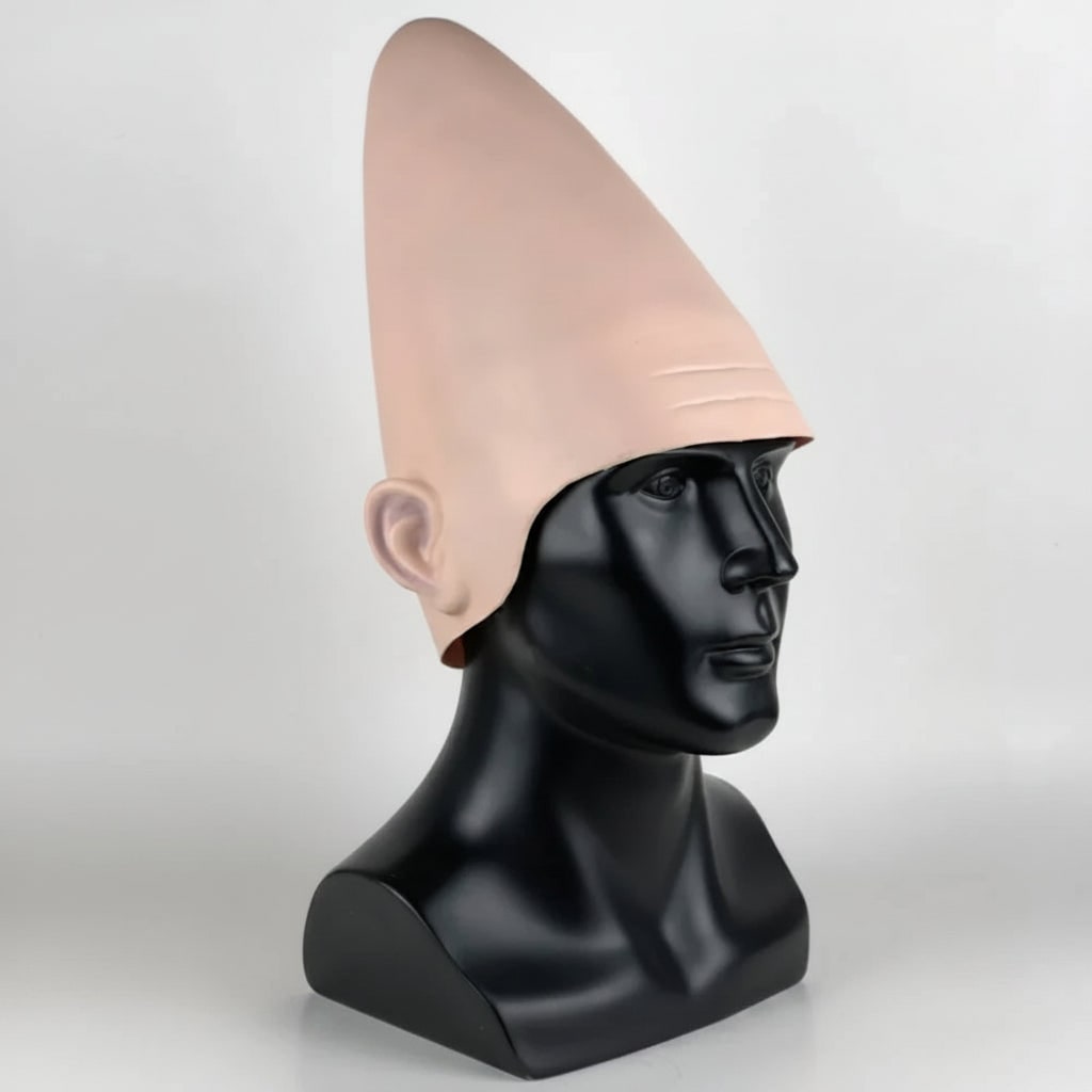 Thermabuild | Halloween Conehead Costume Mask with Creepy Molded Ears and Forehead Wrinkles Latex Headpiece