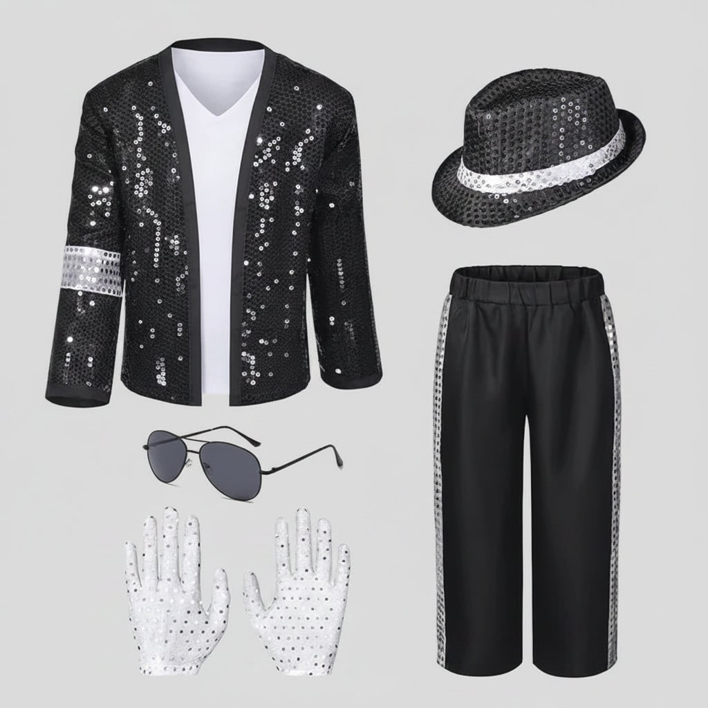 Thermabuild | Halloween Dance Costume Michael Jackson Outfit with Sequin Jacket Fedora Hat and Gloves for Party