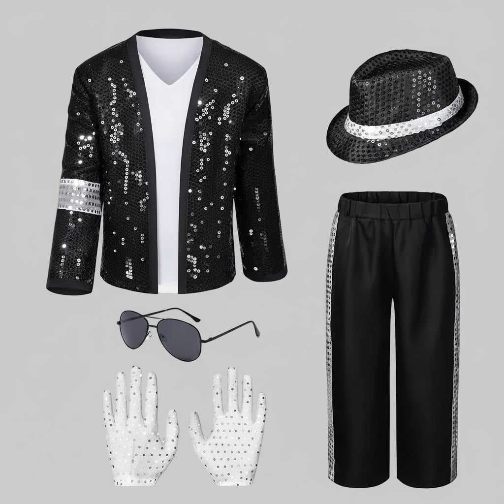 Thermabuild | Halloween Dance Costume Michael Jackson Outfit with Sequin Jacket Fedora Hat and Gloves for Party