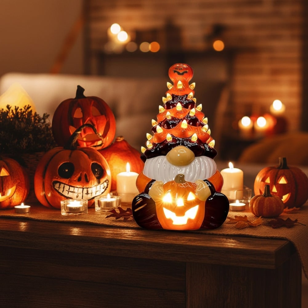 Thermabuild | Halloween Decor Ceramic Gnome Tree with LED Lights Battery Operated Tabletop Figurine
