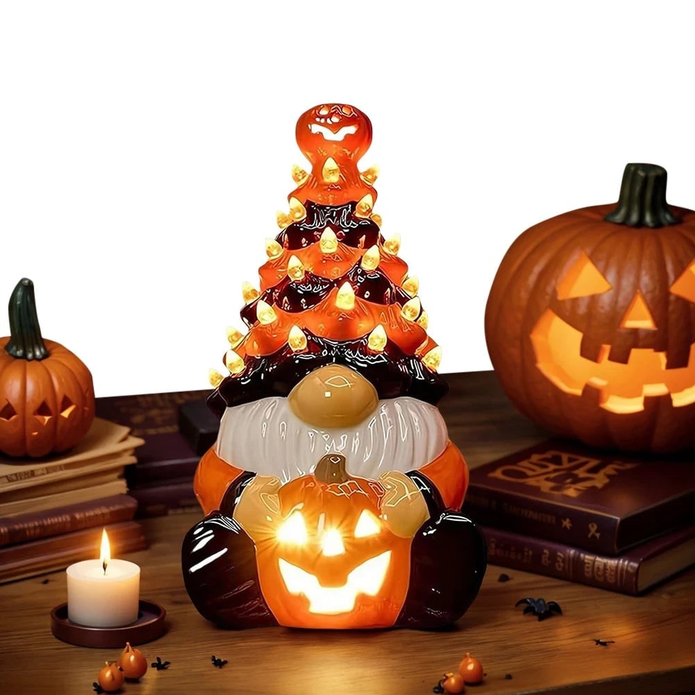 Thermabuild | Halloween Decor Ceramic Gnome Tree with LED Lights Battery Operated Tabletop Figurine