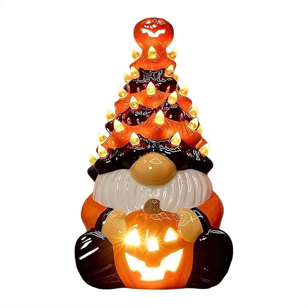 Thermabuild | Halloween Decor Ceramic Gnome Tree with LED Lights Battery Operated Tabletop Figurine