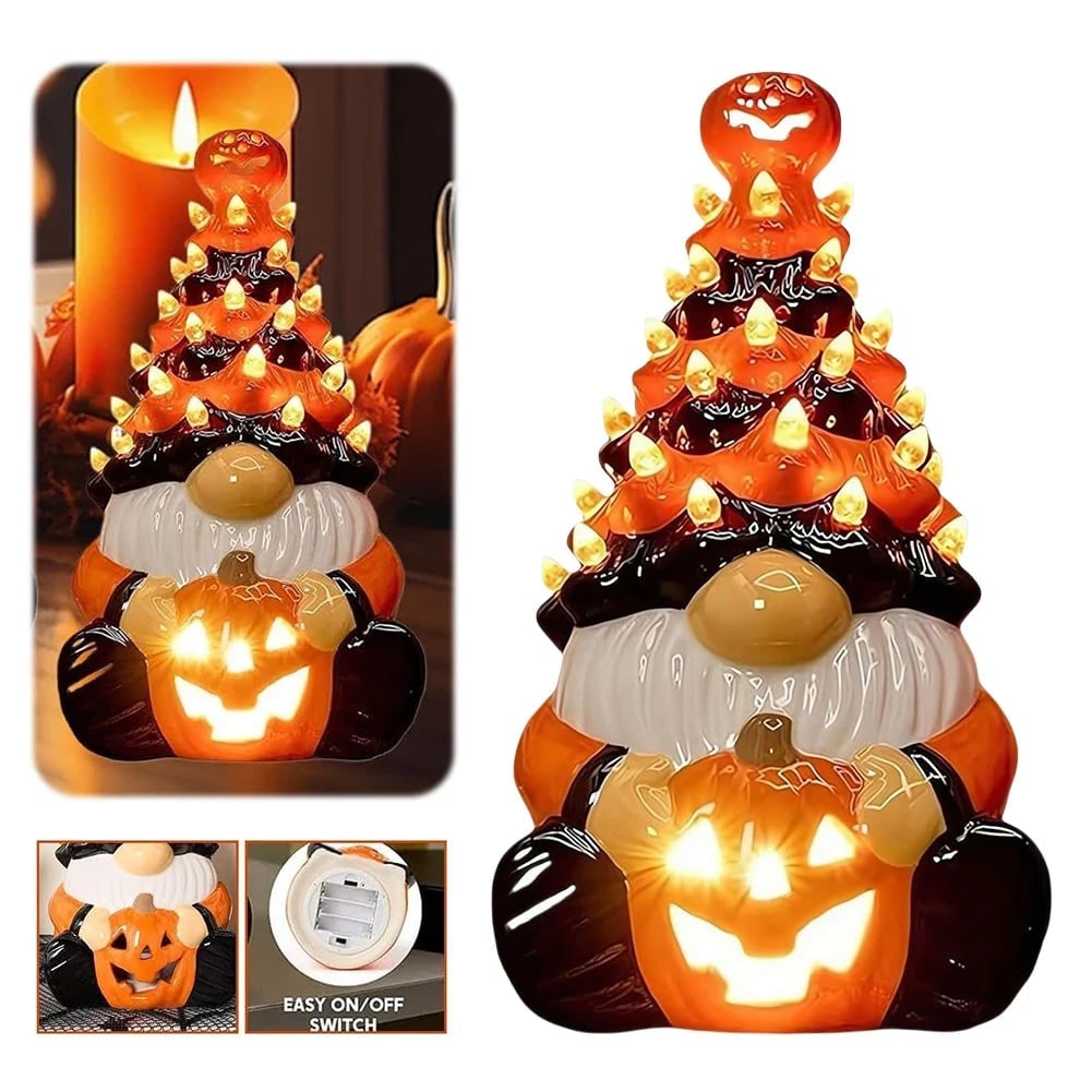 Thermabuild | Halloween Decor Ceramic Gnome Tree with LED Lights Battery Operated Tabletop Figurine
