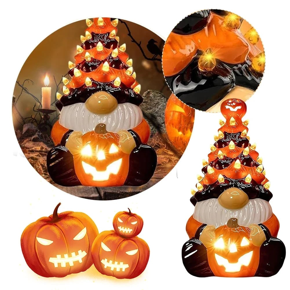 Thermabuild | Halloween Decor Ceramic Gnome Tree with LED Lights Battery Operated Tabletop Figurine