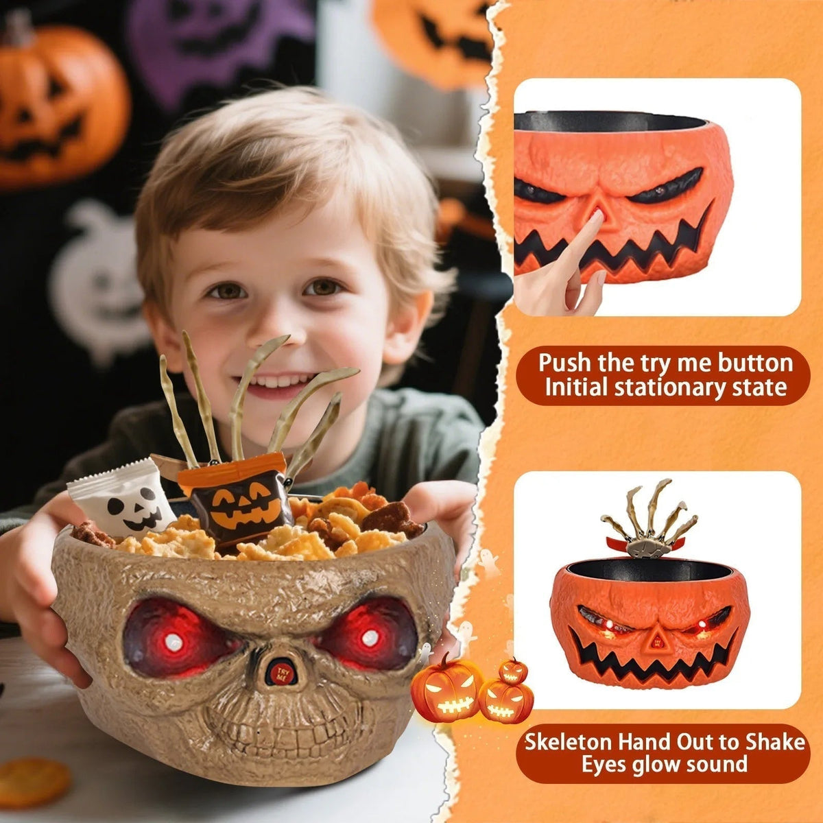 Thermabuild | Halloween Decoration Animated Candy Bowl with Motion Sensor LED Eyes and Skeleton Hand for Party