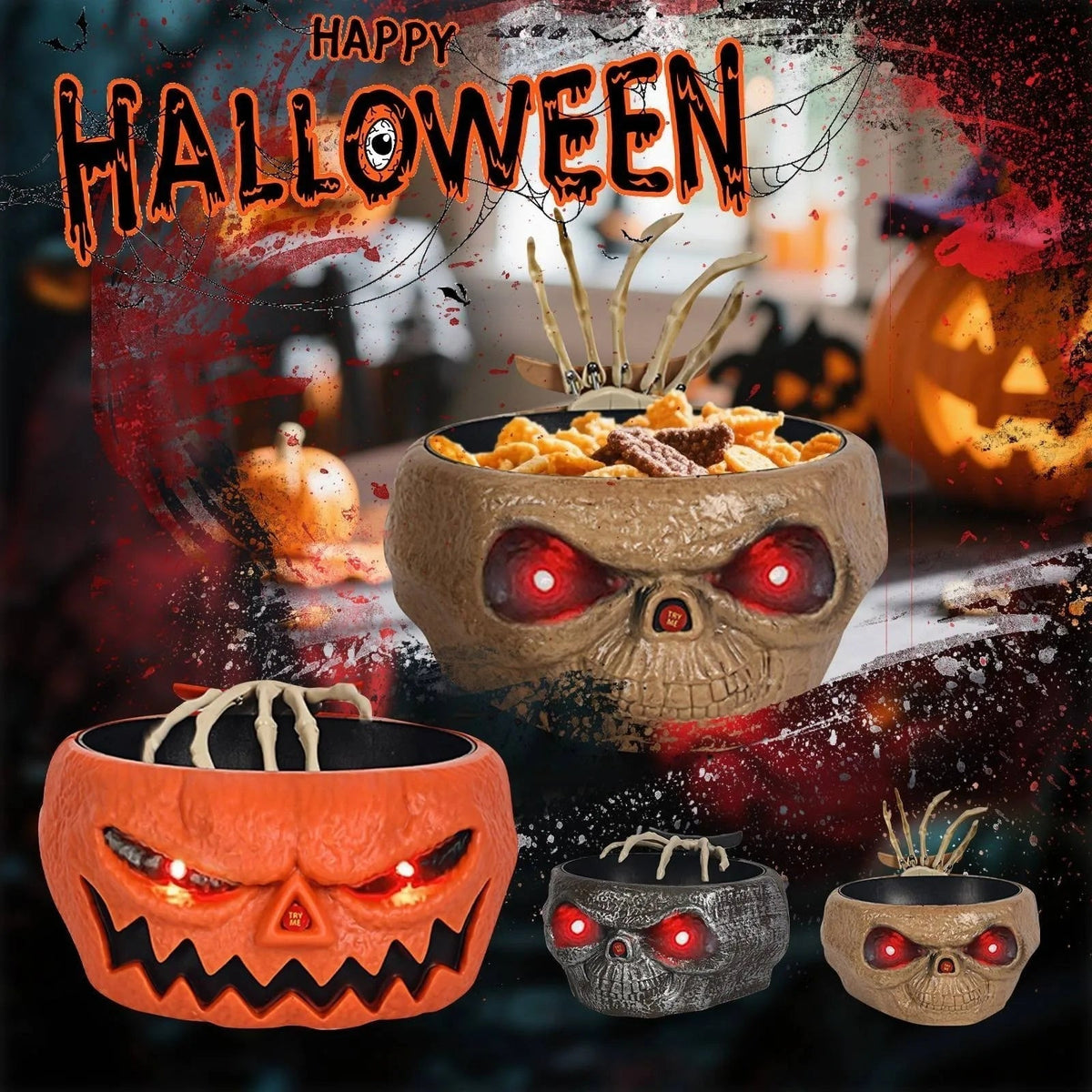 Thermabuild | Halloween Decoration Animated Candy Bowl with Motion Sensor LED Eyes and Skeleton Hand for Party