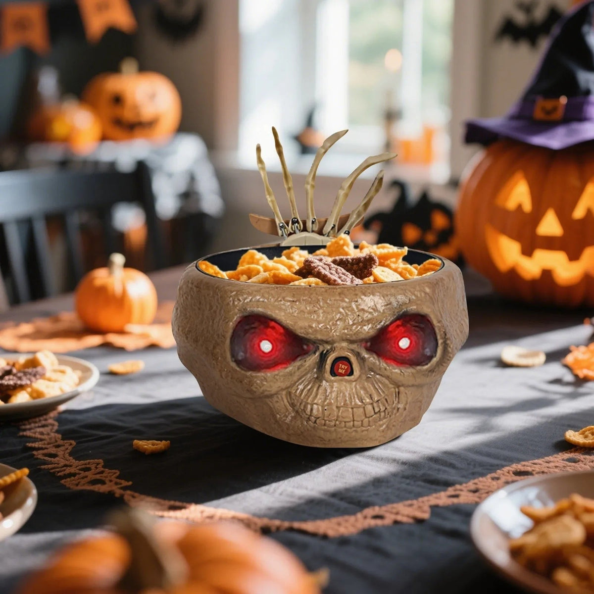 Thermabuild | Halloween Decoration Animated Candy Bowl with Motion Sensor LED Eyes and Skeleton Hand for Party
