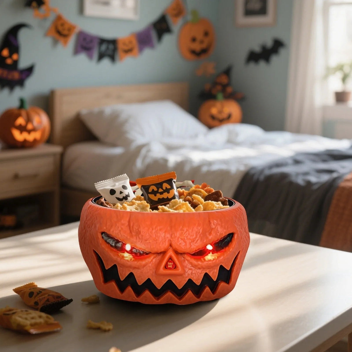 Thermabuild | Halloween Decoration Animated Candy Bowl with Motion Sensor LED Eyes and Skeleton Hand for Party