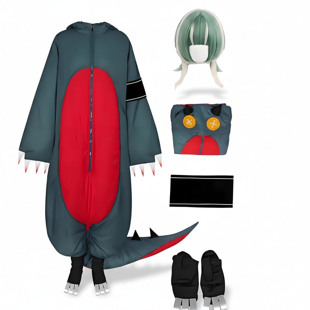 Thermabuild | Halloween Dinosaur Cosplay Costume Onesie Jumpsuit with Wig and Shoe Covers for Party