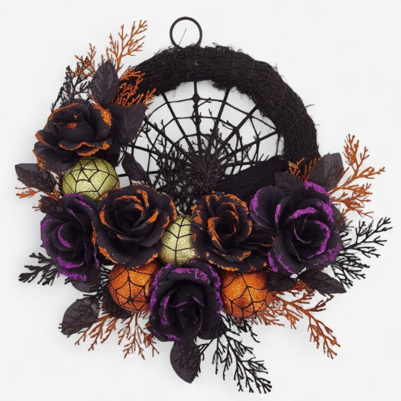 Thermabuild | Halloween Door Wreath with Black Roses Spiderweb and Glitter Ornaments for Indoor Decoration