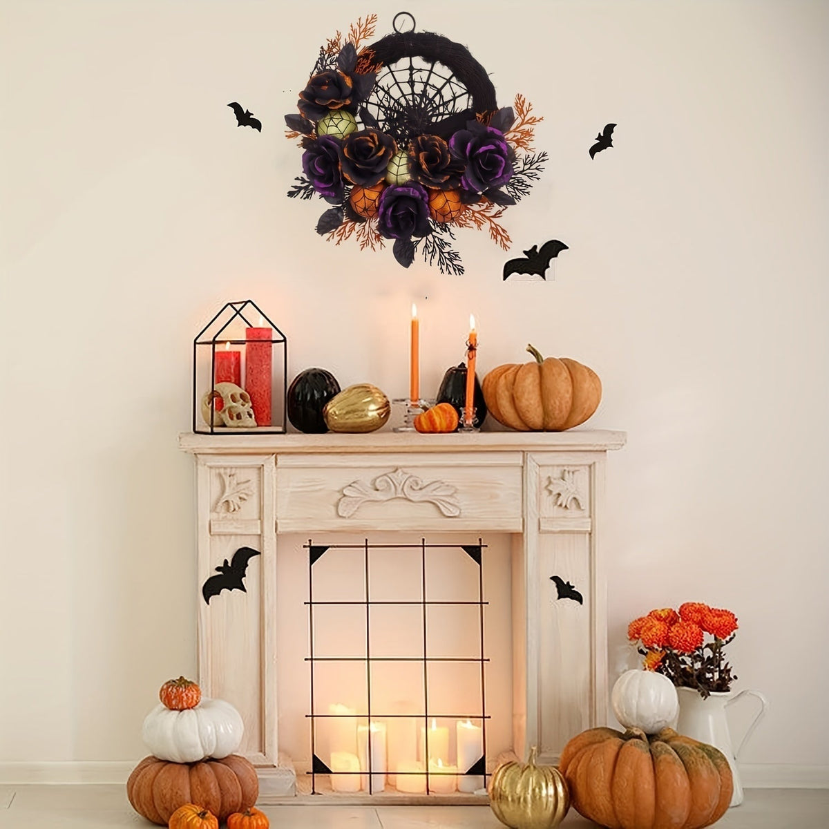 Thermabuild | Halloween Door Wreath with Black Roses Spiderweb and Glitter Ornaments for Indoor Decoration