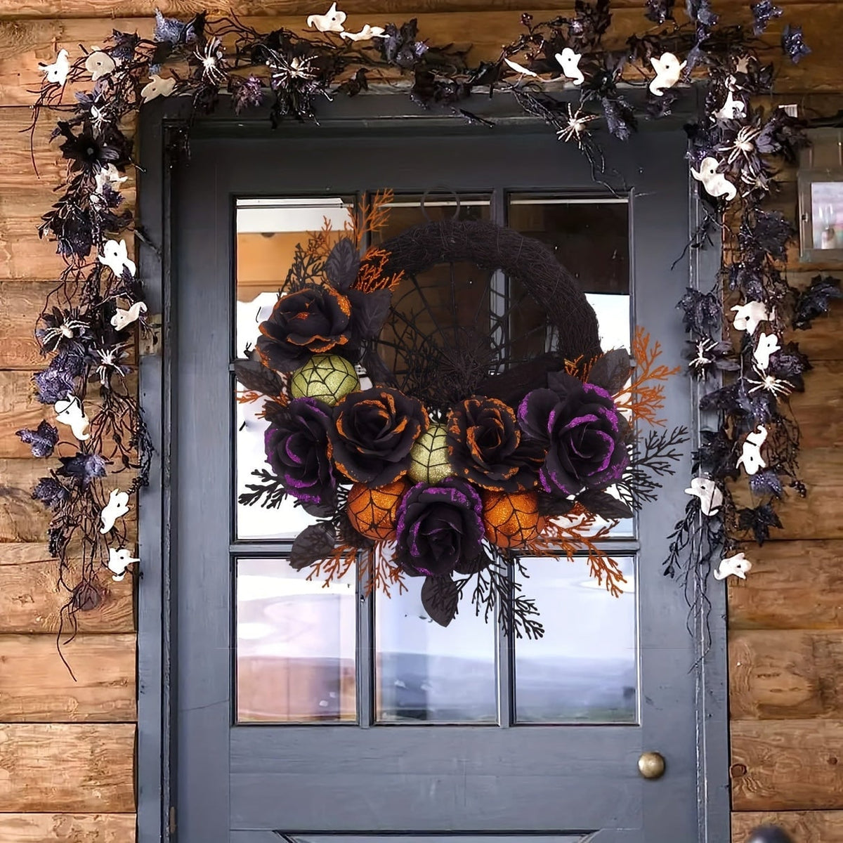 Thermabuild | Halloween Door Wreath with Black Roses Spiderweb and Glitter Ornaments for Indoor Decoration