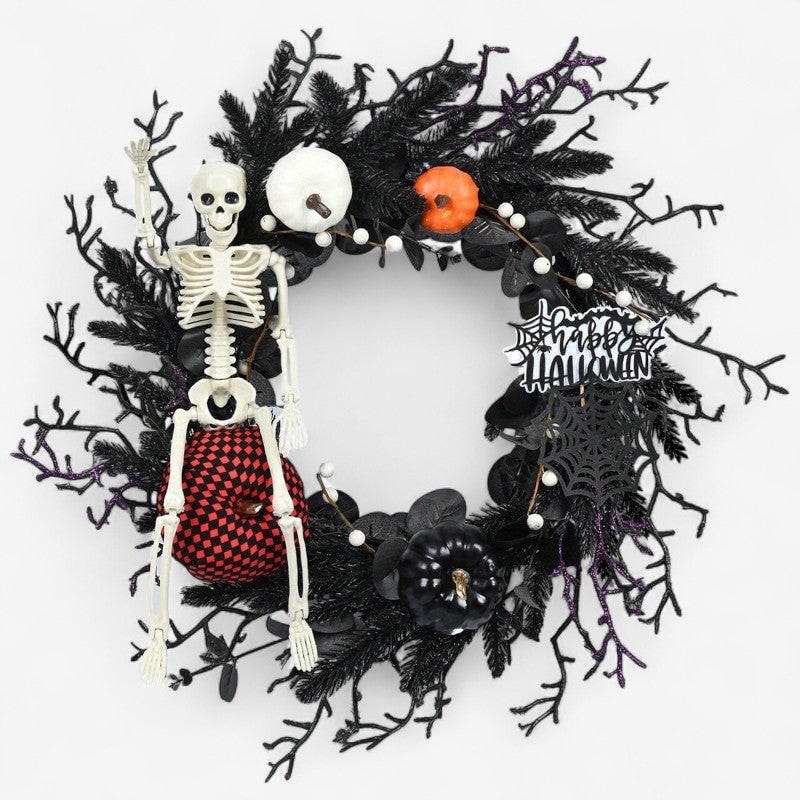 Thermabuild | Halloween Door Wreath with Jack O Lantern Pumpkins and Skeleton for Party Decorations