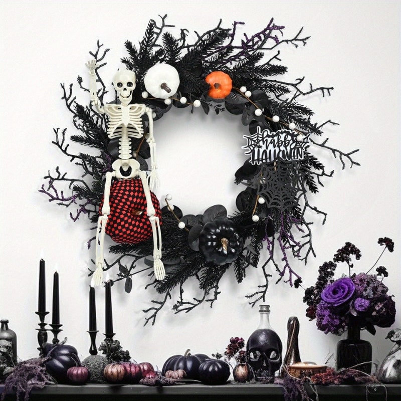 Thermabuild | Halloween Door Wreath with Jack O Lantern Pumpkins and Skeleton for Party Decorations