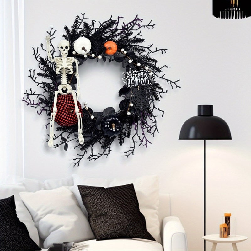 Thermabuild | Halloween Door Wreath with Jack O Lantern Pumpkins and Skeleton for Party Decorations