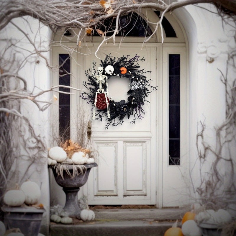 Thermabuild | Halloween Door Wreath with Jack O Lantern Pumpkins and Skeleton for Party Decorations