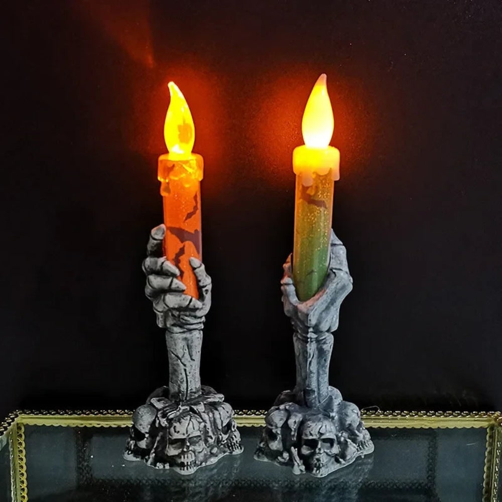 Thermabuild | Halloween Flameless LED Taper Candle with Battery Operated Skeleton Hand Holder for Party Decoration