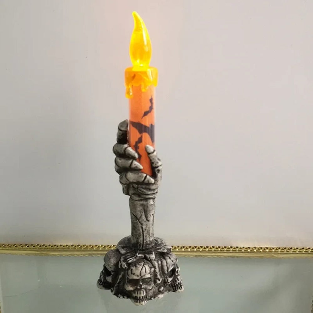 Thermabuild | Halloween Flameless LED Taper Candle with Battery Operated Skeleton Hand Holder for Party Decoration