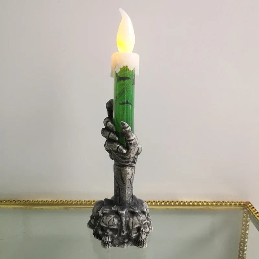 Thermabuild | Halloween Flameless LED Taper Candle with Battery Operated Skeleton Hand Holder for Party Decoration