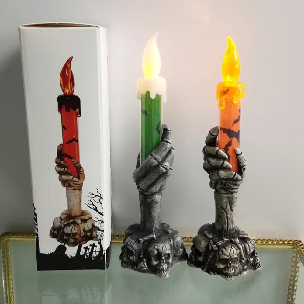 Thermabuild | Halloween Flameless LED Taper Candle with Battery Operated Skeleton Hand Holder for Party Decoration