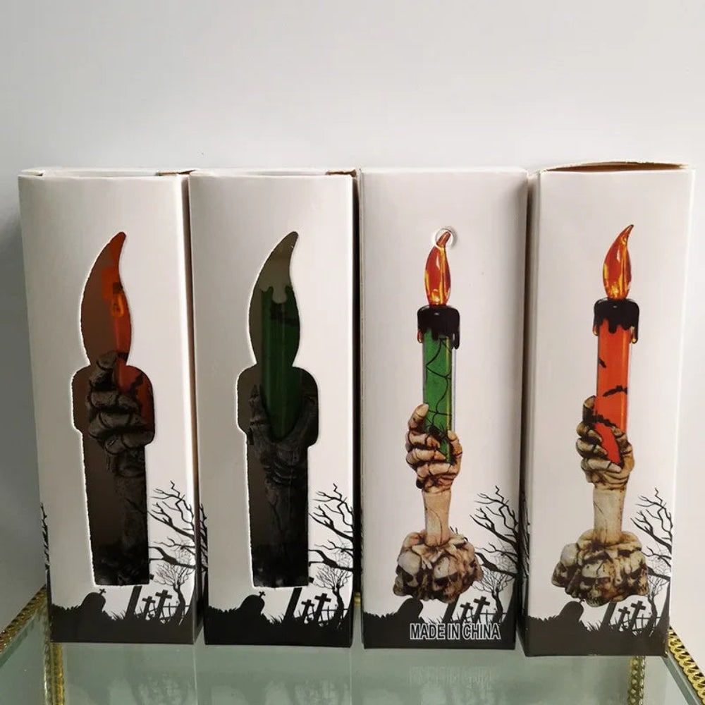 Thermabuild | Halloween Flameless LED Taper Candle with Battery Operated Skeleton Hand Holder for Party Decoration