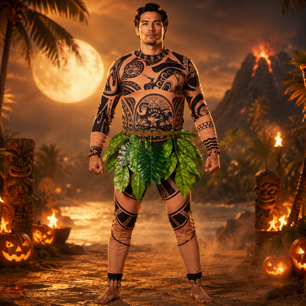 Thermabuild | Halloween Full Body Spandex Bodysuit Costume with Tribal Tattoo Print and Leaf Skirt