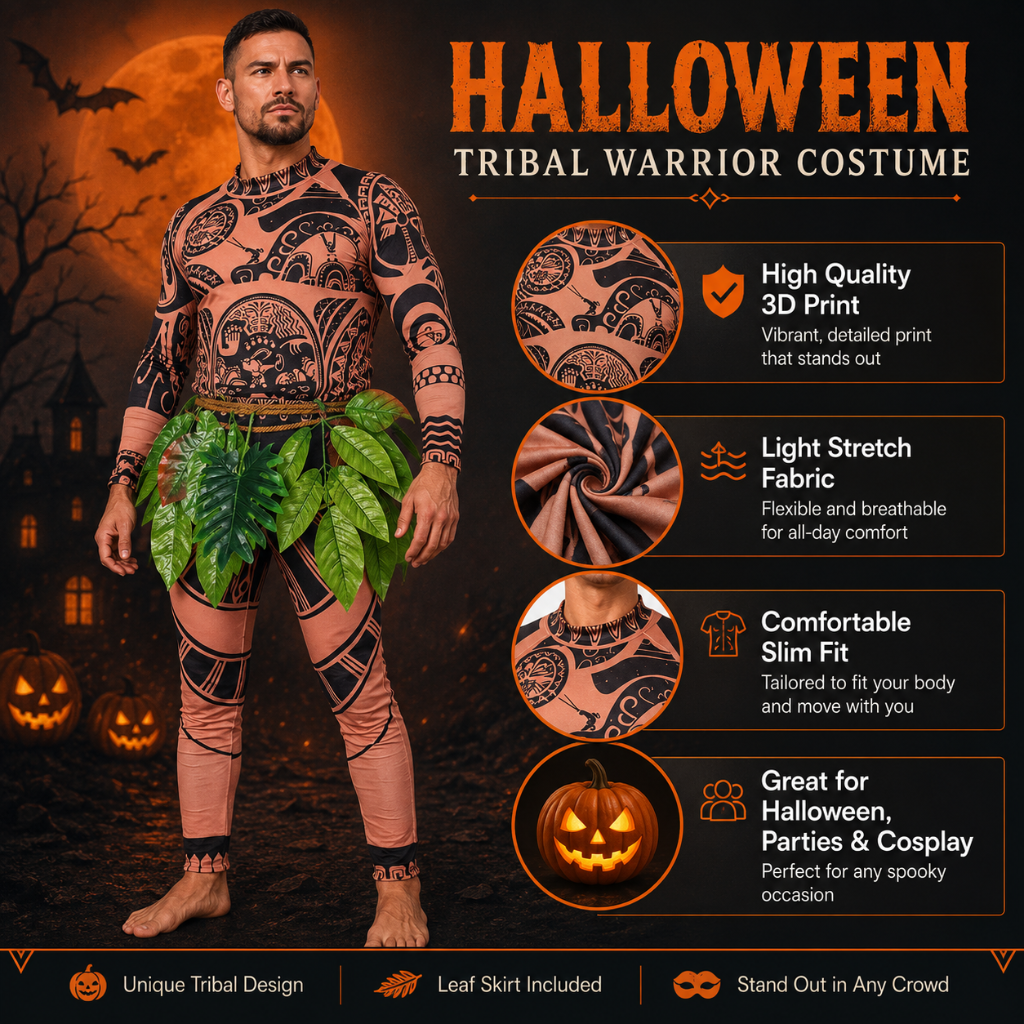 Thermabuild | Halloween Full Body Spandex Bodysuit Costume with Tribal Tattoo Print and Leaf Skirt