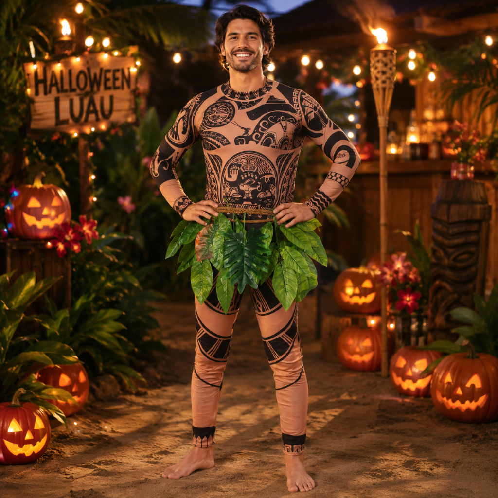Thermabuild | Halloween Full Body Spandex Bodysuit Costume with Tribal Tattoo Print and Leaf Skirt