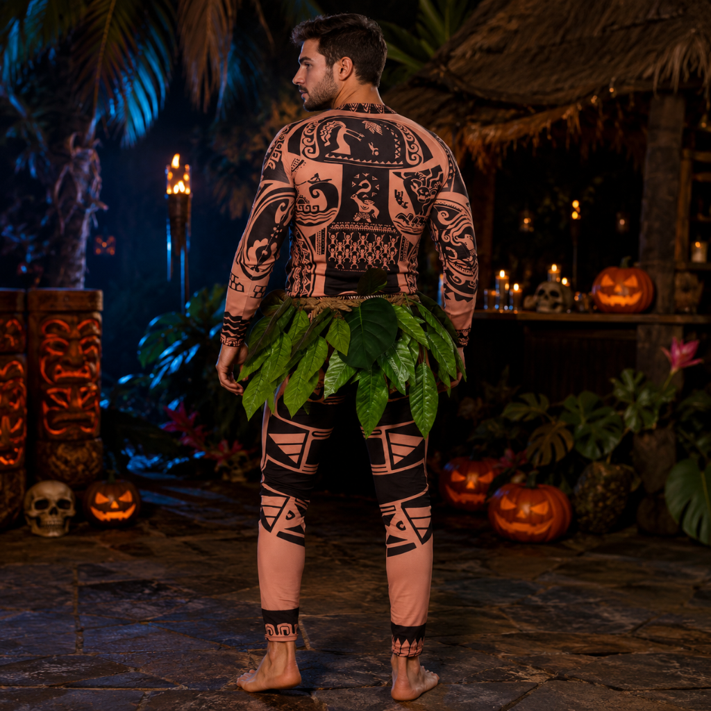 Thermabuild | Halloween Full Body Spandex Bodysuit Costume with Tribal Tattoo Print and Leaf Skirt